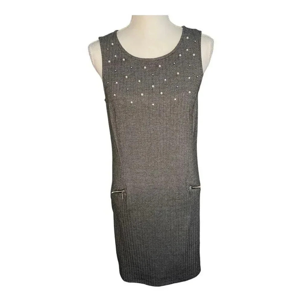 Apt. 9 Women’s Medium Gray Pearl Embellished Shift‎ Dress With Front Pockets